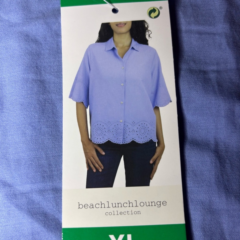 Beach Lunch Lounge Collection Azure Blue Clo Eyelet Border Button Up Top Sz XL - Picture 3 of 8